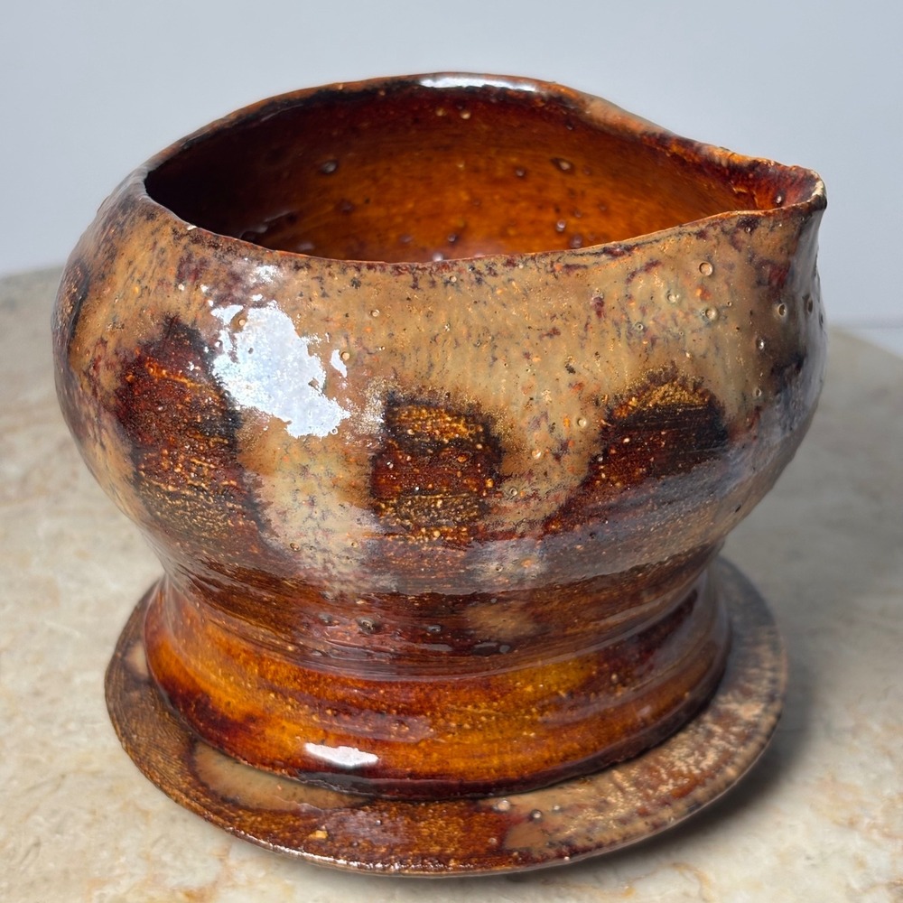 Unbranded Studio Pottery Spouted Bowl with Saucer Brown Amber Glaze Wabi Sabi